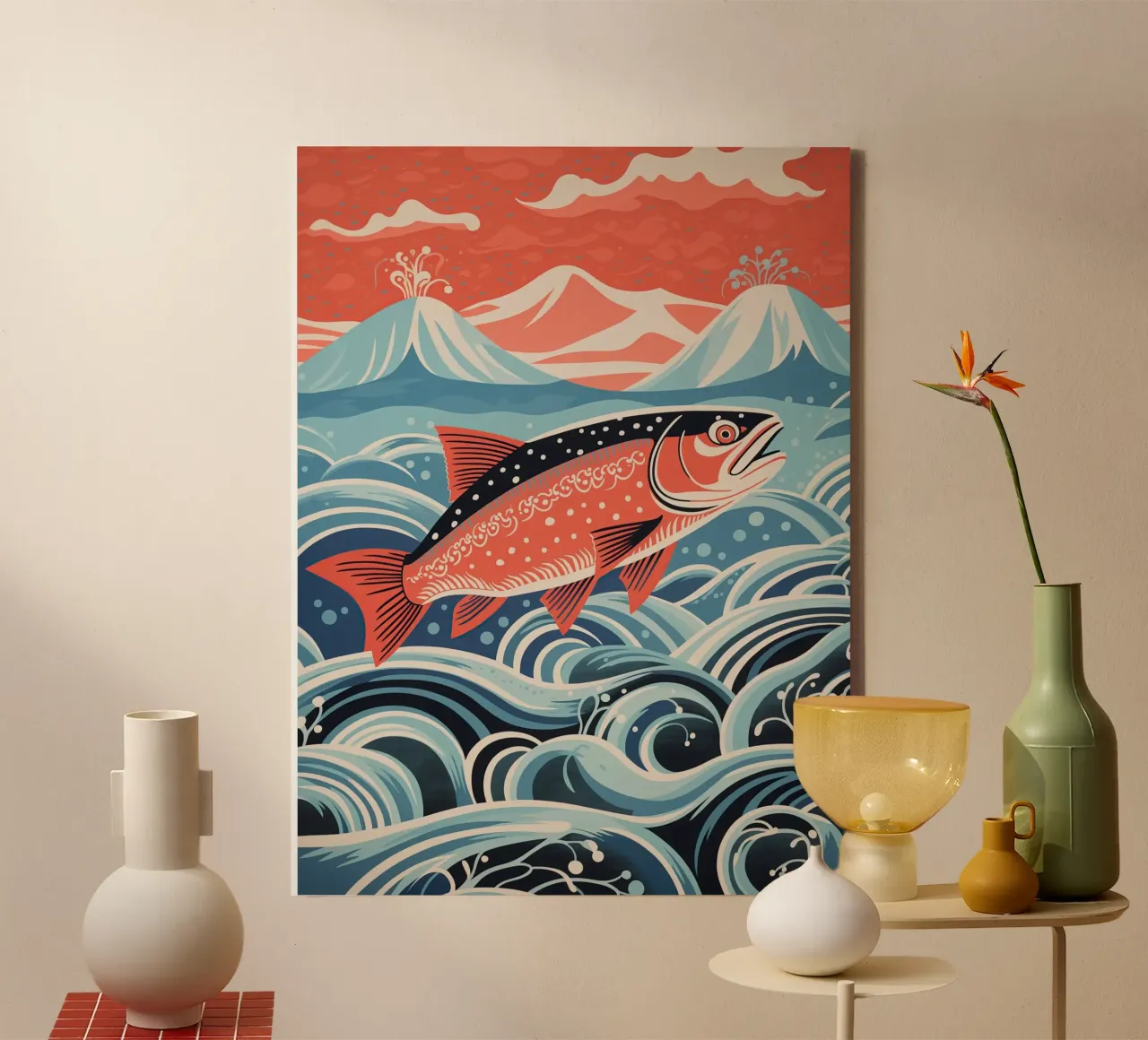 The migration of the salmon canvas with Floater frame by Autofocus