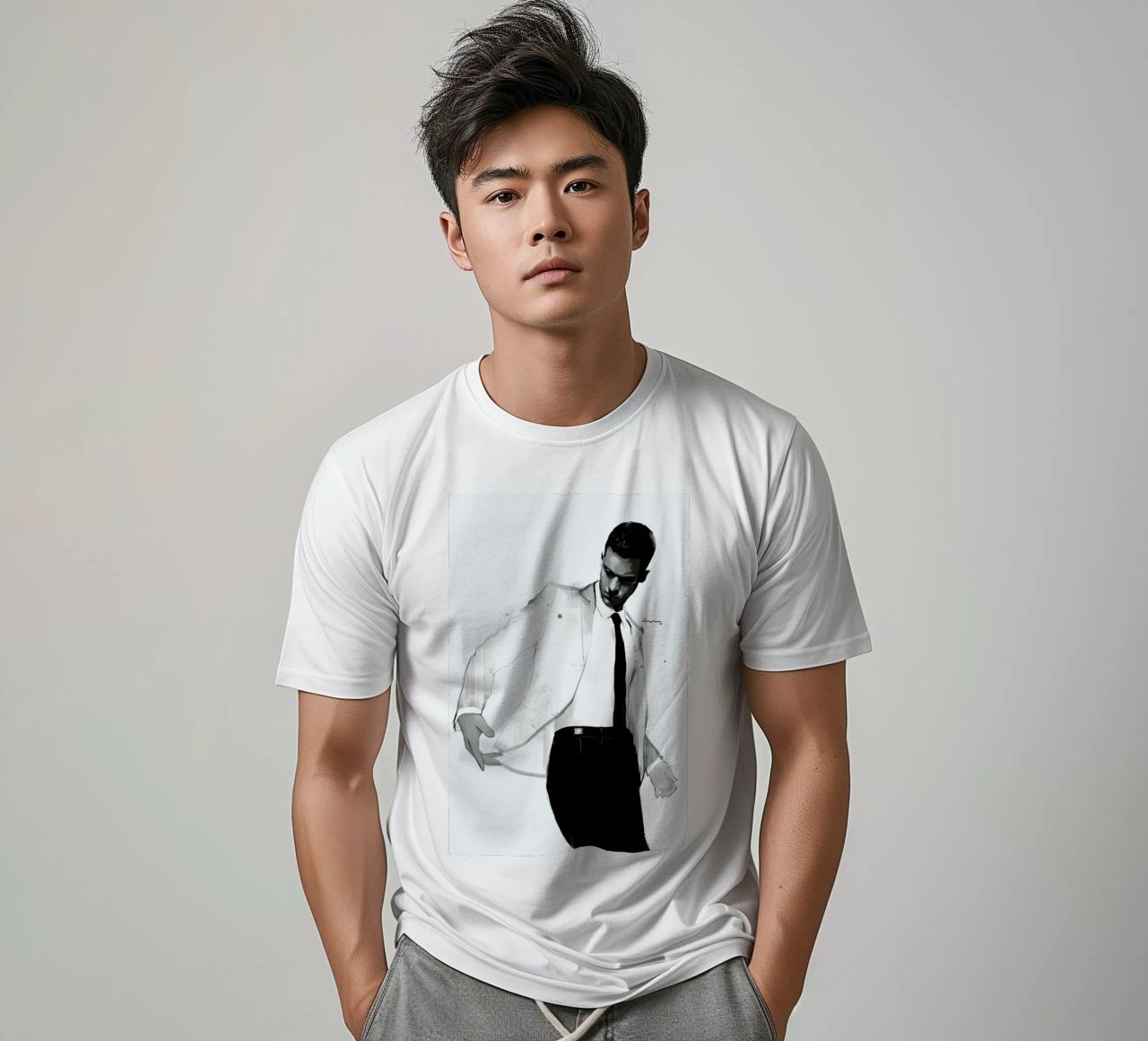 Man in white suit t-shirt da Floyd Grey