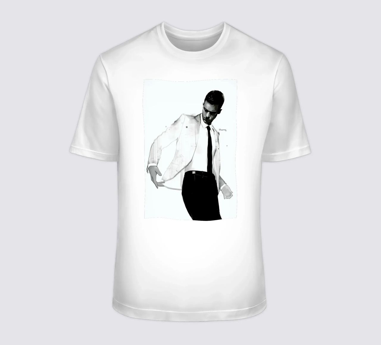 Man in white suit t-shirt da Floyd Grey