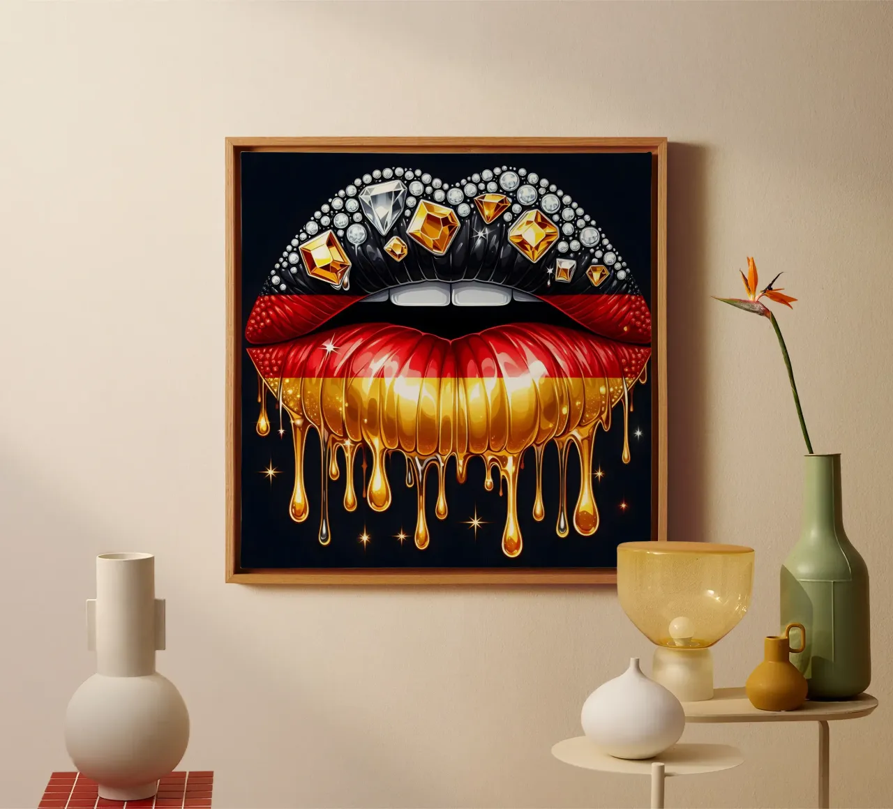 DUITSLAND VERSIERDE EDELSTEEN LIPPEN canvas met Baklijst van ARTOMATIC