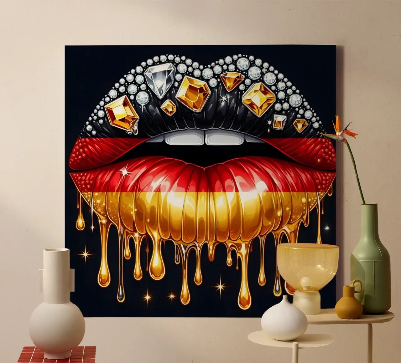 DUITSLAND VERSIERDE EDELSTEEN LIPPEN canvas met Baklijst van ARTOMATIC