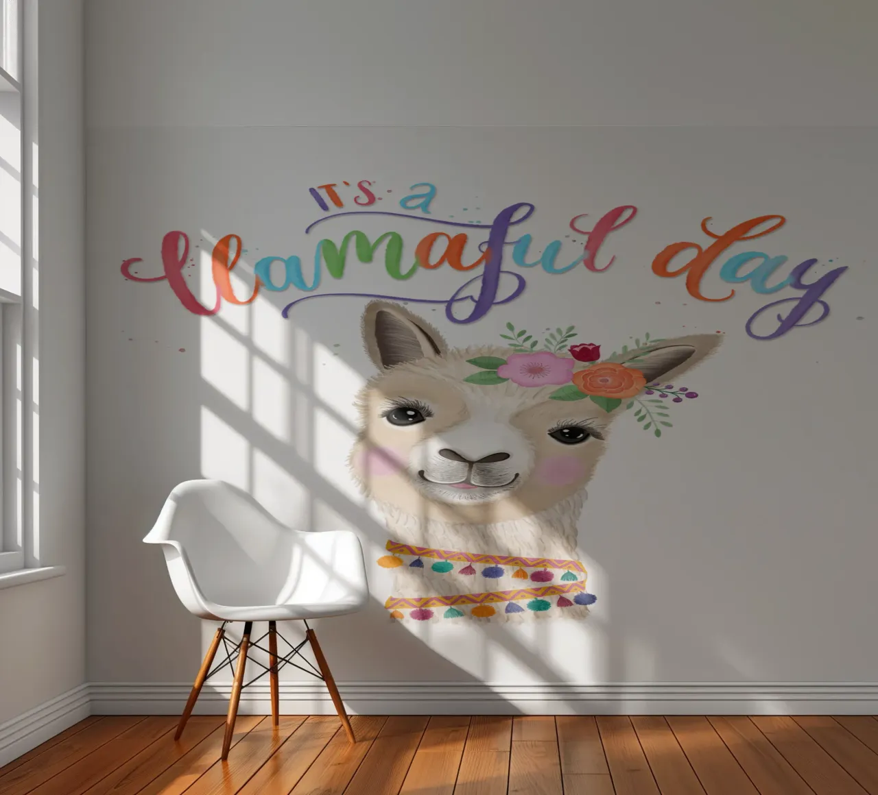 C'est un jour llamaful. Des lettres colorées et un llama joyeux papier peint photo de CalliLetters