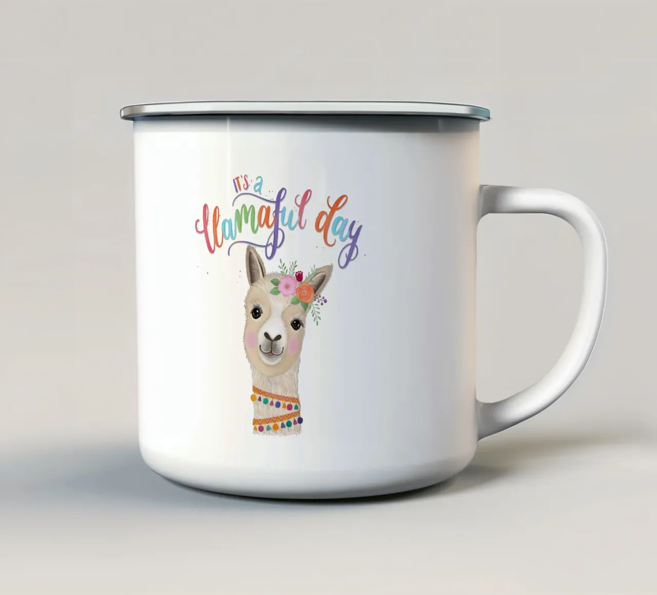 È un giorno pieno di lama. Lettere colorate e lama felici tazza in smalto da CalliLetters