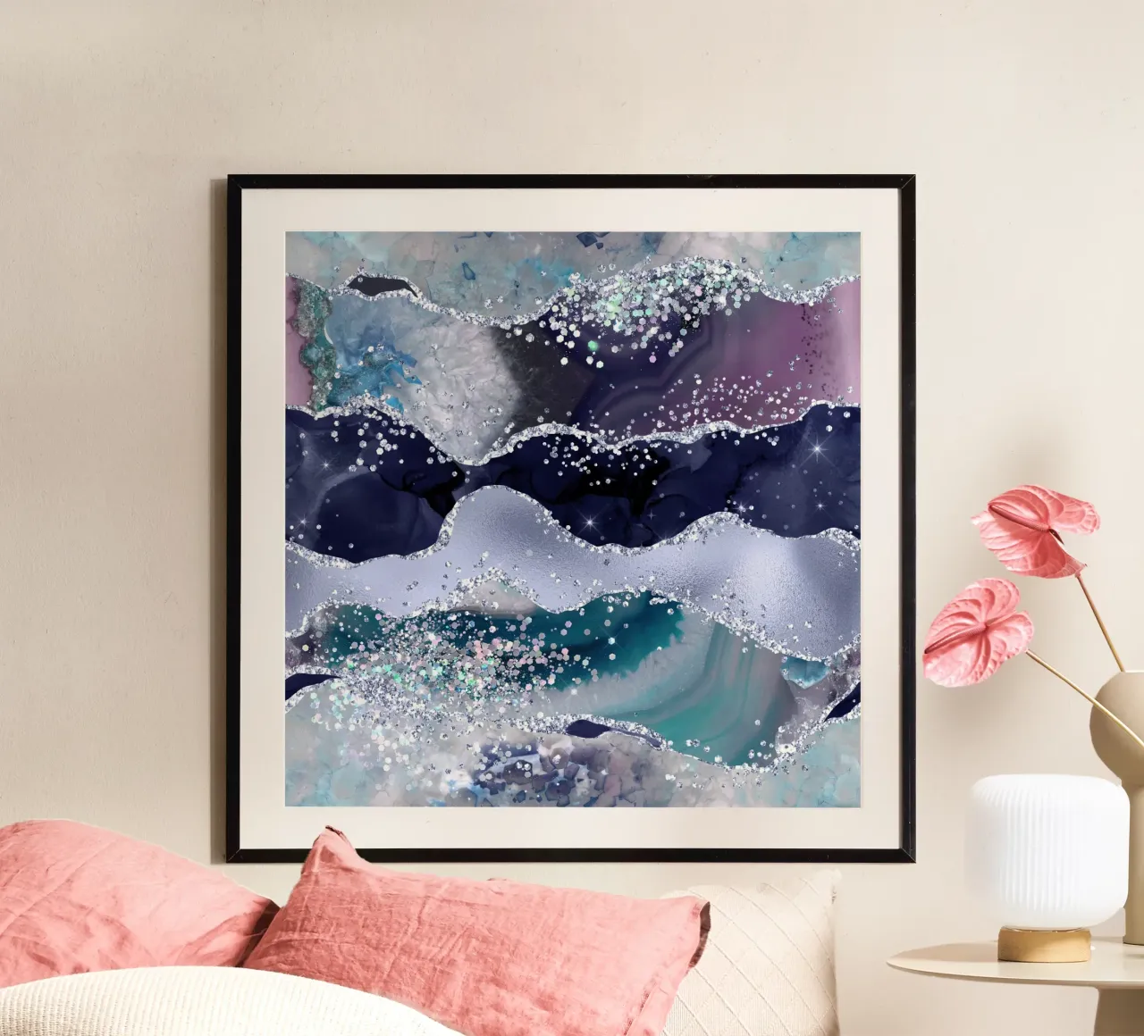 Ozean-Glitzer-Achat Textur 06 Poster mit Kunststoffrahmen von Gemstone Textures