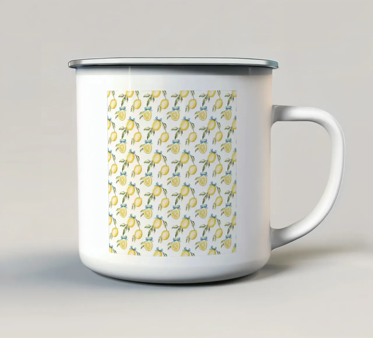 Lemon Blue Bow Retro Vintage Botanical Summer Tropical Fruit enamel mug by Gentle Echoes Art