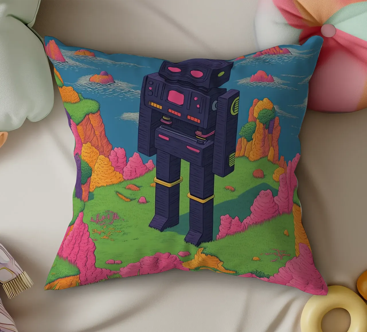 Disegno lineare di robot retrò Pastelli surreali - Pop Art cuscino da Kaji