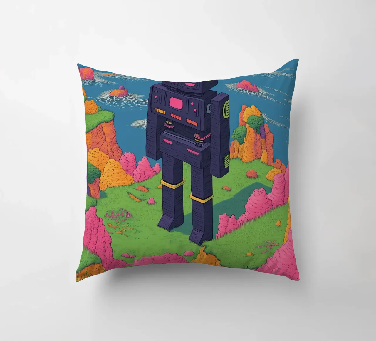 Disegno lineare di robot retrò Pastelli surreali - Pop Art cuscino da Kaji