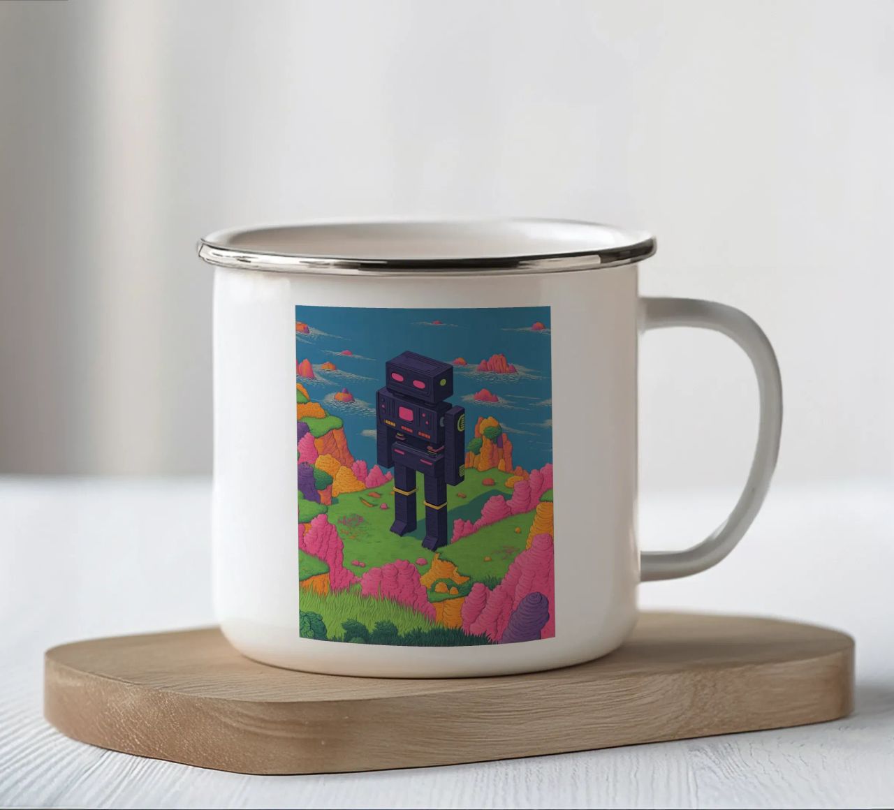 Disegno lineare di robot retrò Pastelli surreali - Pop Art tazza in smalto da Kaji