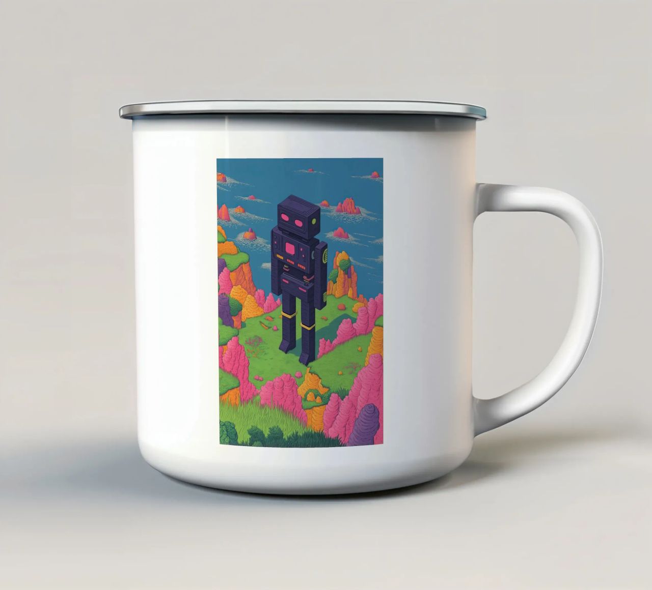 Disegno lineare di robot retrò Pastelli surreali - Pop Art tazza in smalto da Kaji