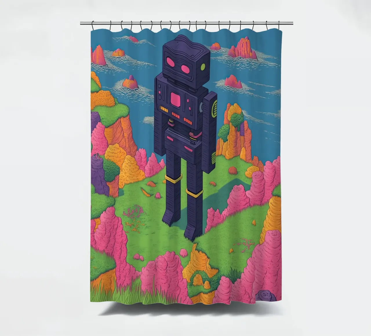 Retro Robot Line Drawing Surreal Pastels – Pop Art shower curtain by Kaji