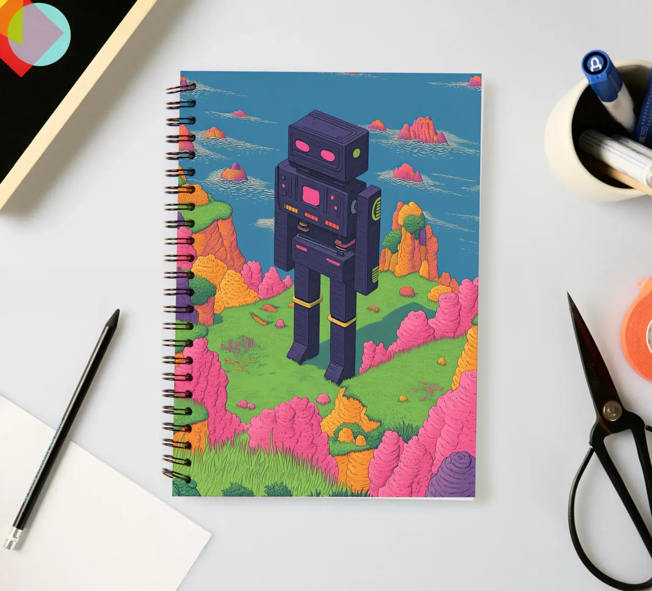Retro Robot Line Drawing Surreal Pastels – Pop Art spiral notebook by Kaji