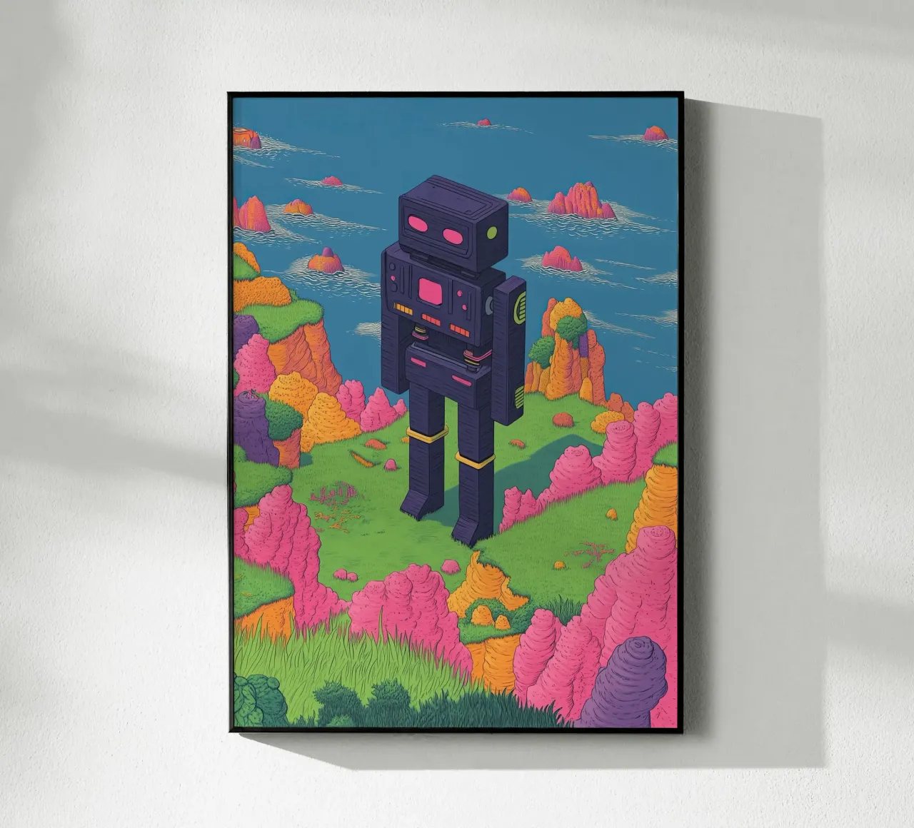 Retro-Roboter Strichzeichnung Surreal Pastellfarben - Pop Art Acryl-Glas von Kaji