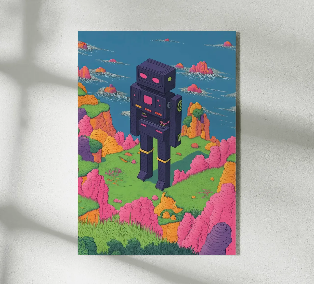 Retro-Roboter Strichzeichnung Surreal Pastellfarben - Pop Art Acryl-Glas von Kaji