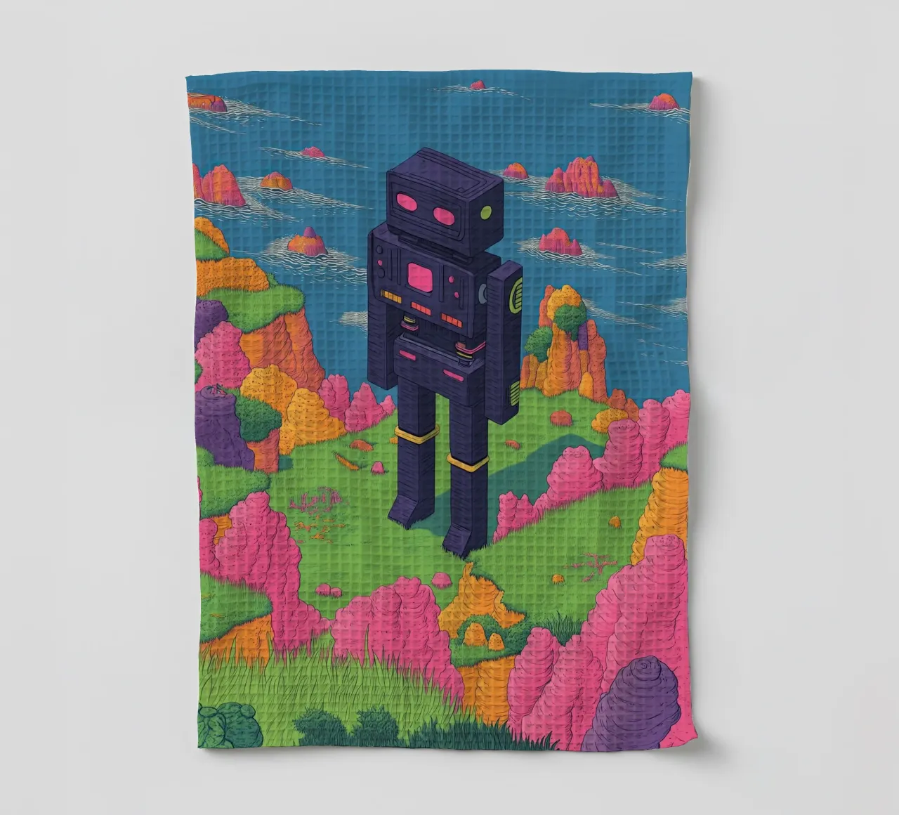 Robot rétro Dessin au trait Pastels surréalistes - Pop Art torchon de Kaji