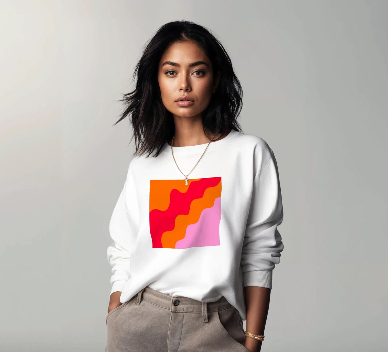 Forme ondulate in color blocking rosa, rosso, arancione felpa da Wackapacka
