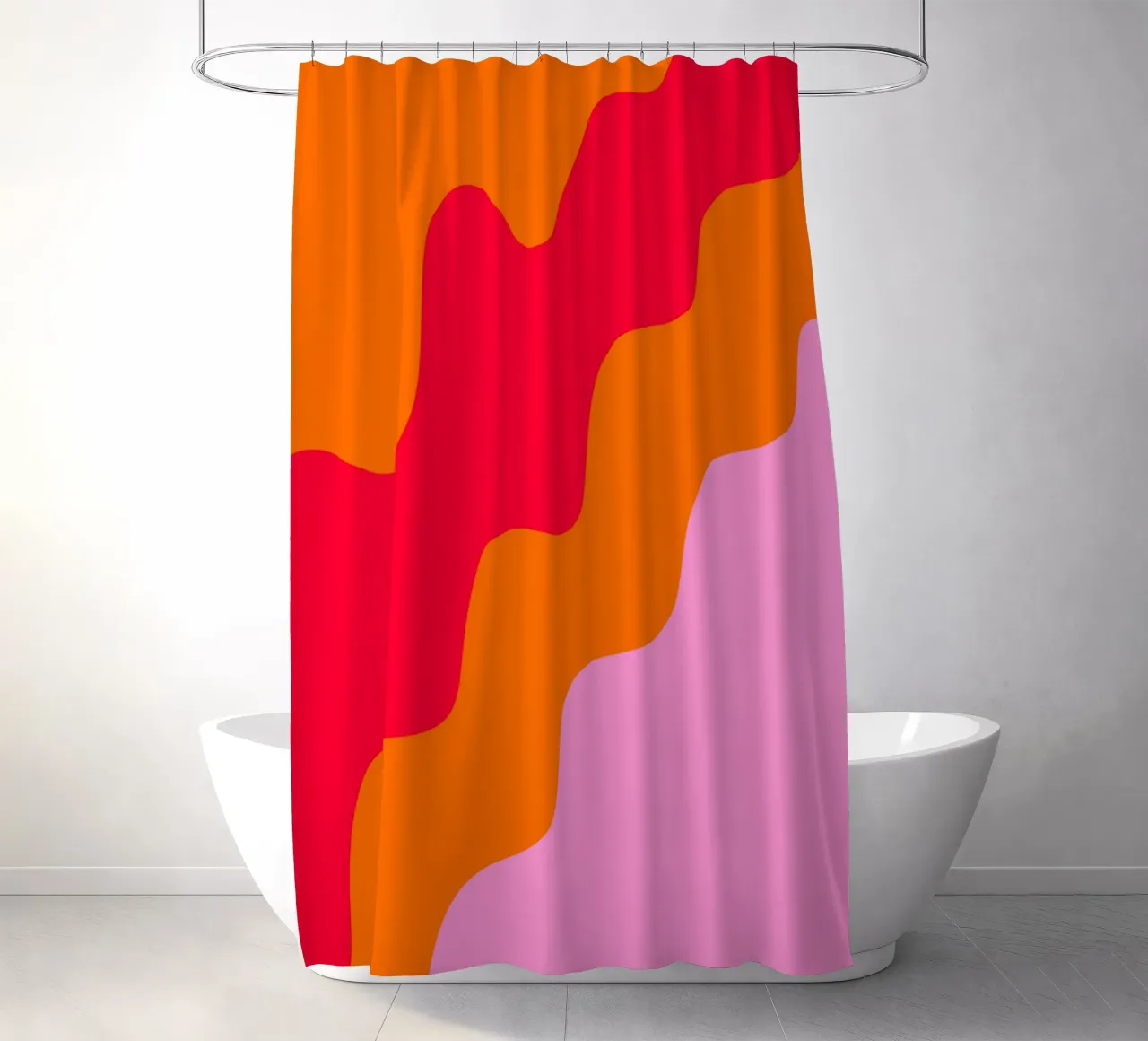 Forme ondulate in color blocking rosa, rosso, arancione tenda da doccia da Wackapacka