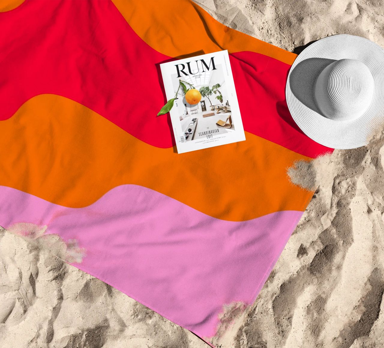 Forme ondulate in color blocking rosa, rosso, arancione telo mare da Wackapacka