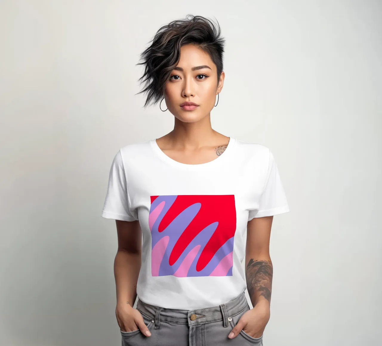 Forme ondulate color blocking rosa, rosso, viola t-shirt da donna da Wackapacka