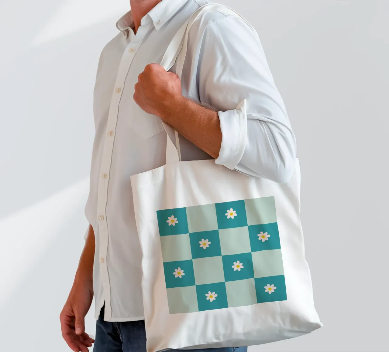 Daisy grid - turquoise tote bag by Wackapacka