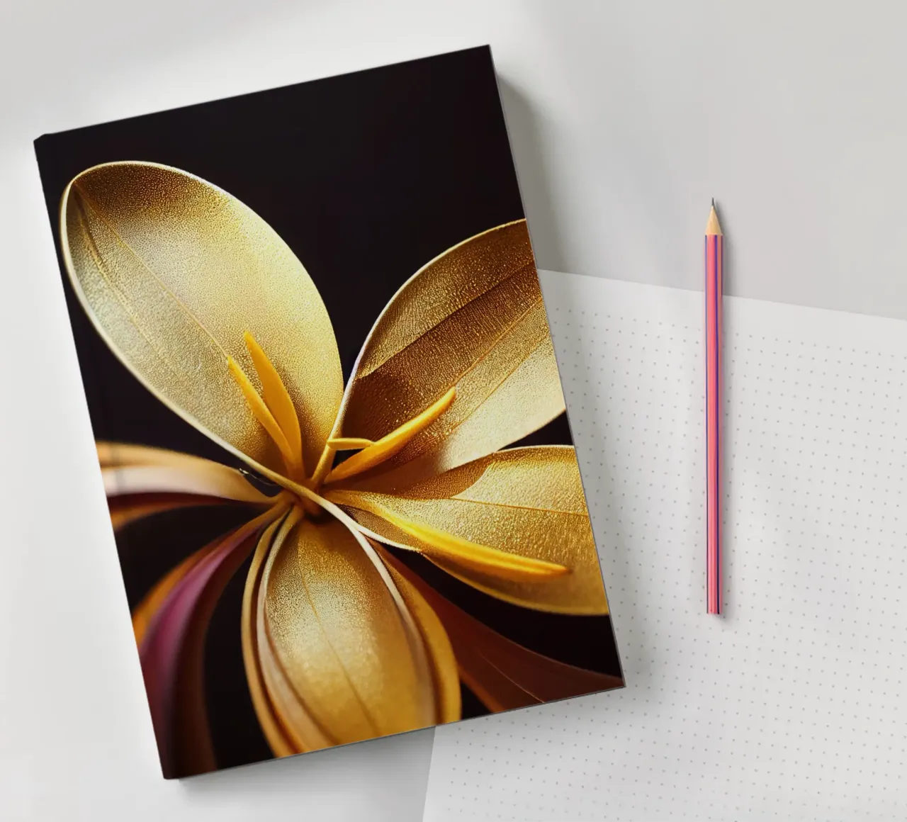 Macro Golden Frangipani Flower notebook by Bold Blooms