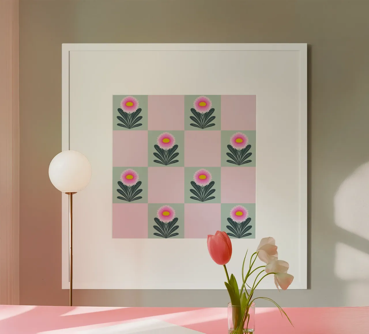 Griglia di crisantemi - rosa e menta poster con telaio in legno da Wackapacka
