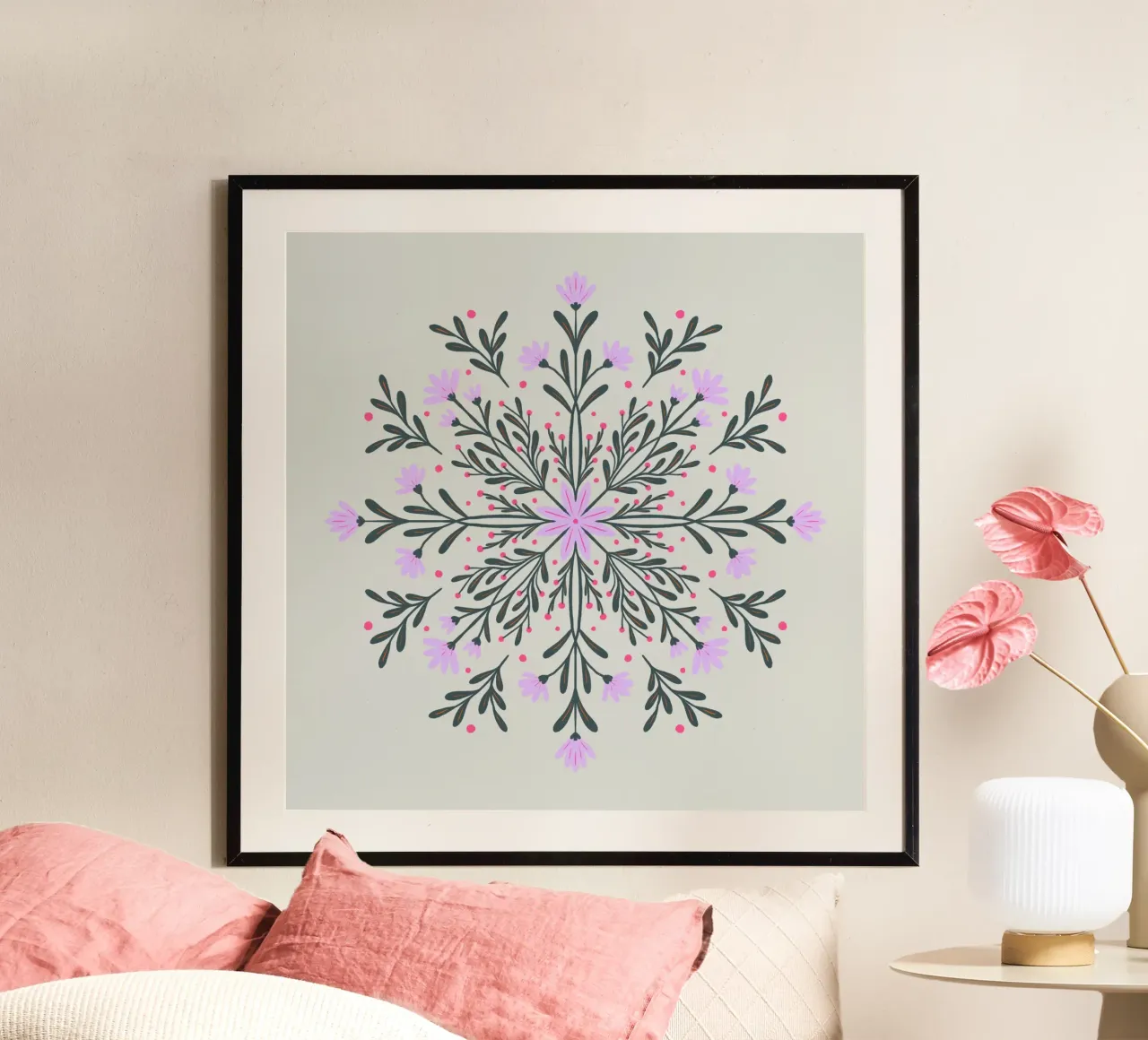 Mandala floreale di primavera poster con telaio in legno da Wackapacka