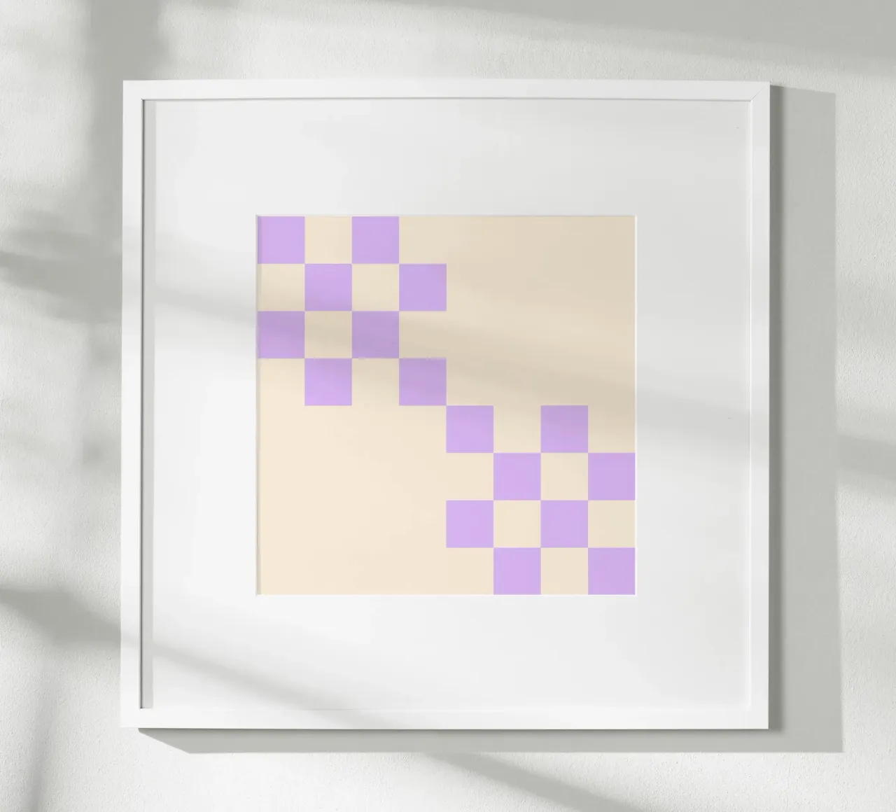 Strisce a griglia crema e viola poster con telaio in legno da Wackapacka