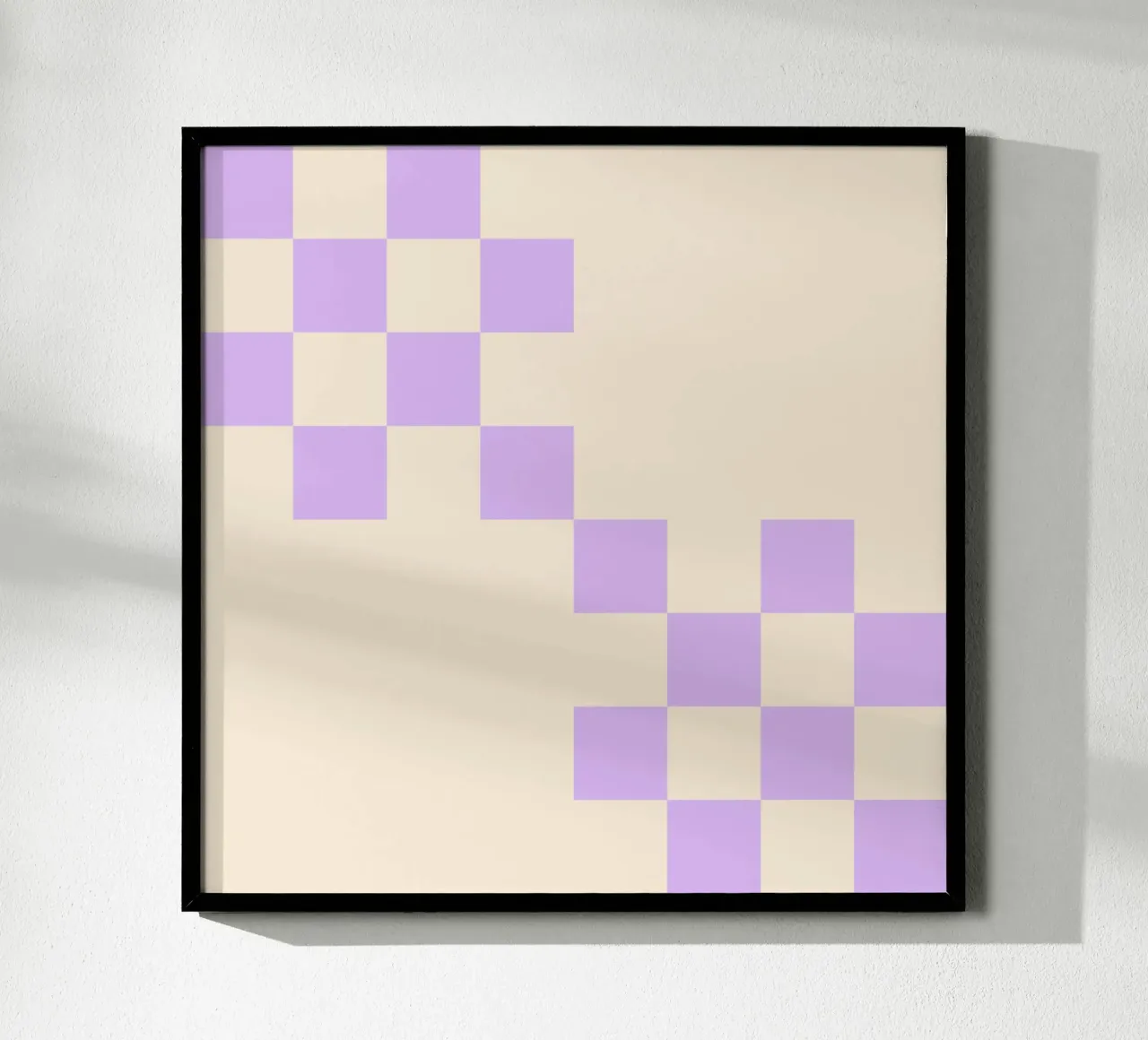 Strisce a griglia crema e viola poster con telaio in legno da Wackapacka