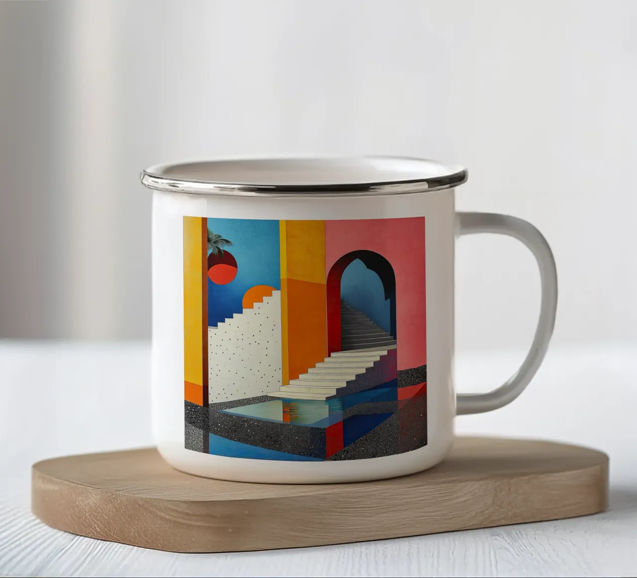 Surrealismus Architektur Design Geometrie Emaille Tasse von Nikis Art Studio