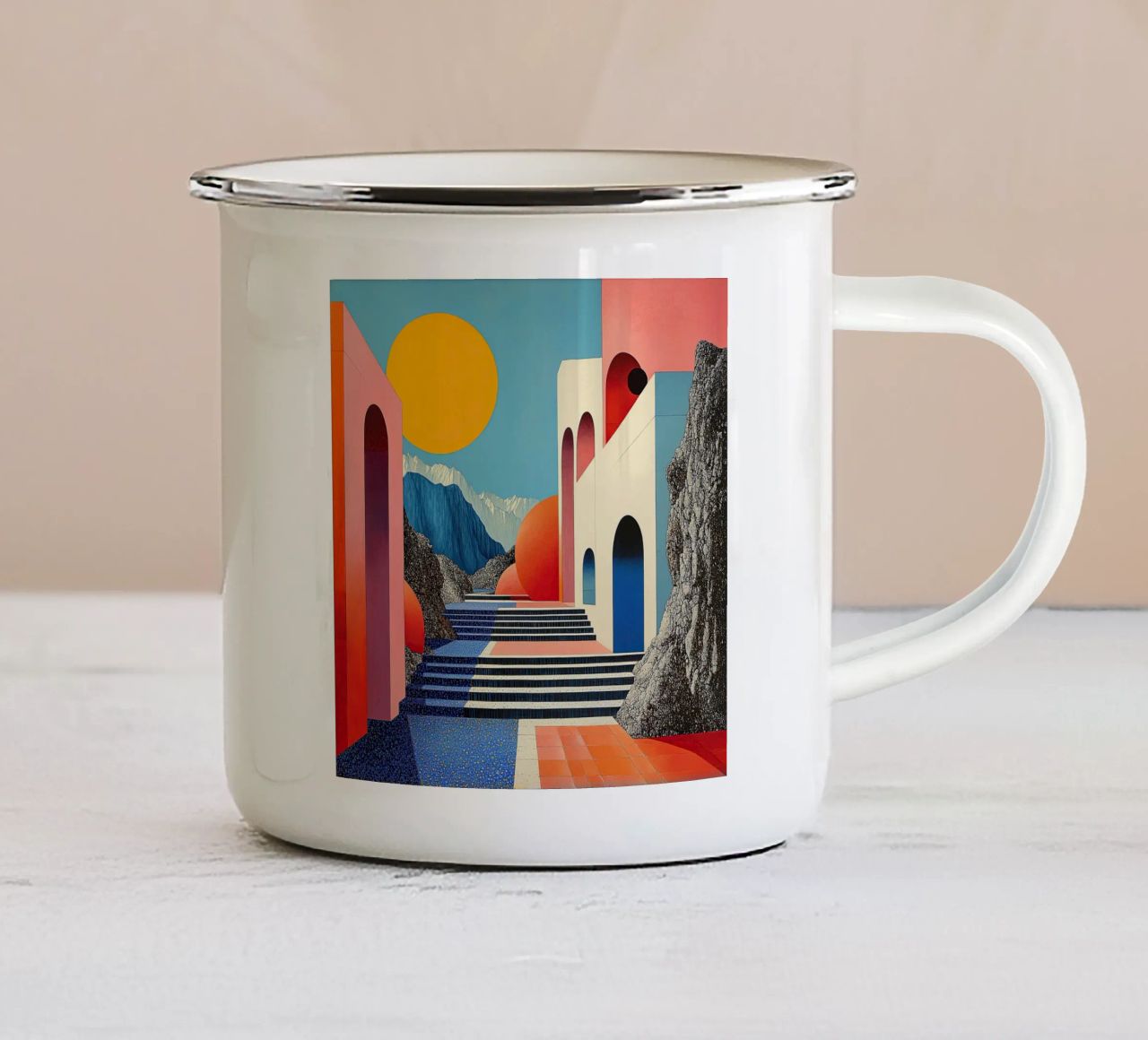 Surrealismus Architektur Design Geometrie Emaille Tasse von Nikis Art Studio
