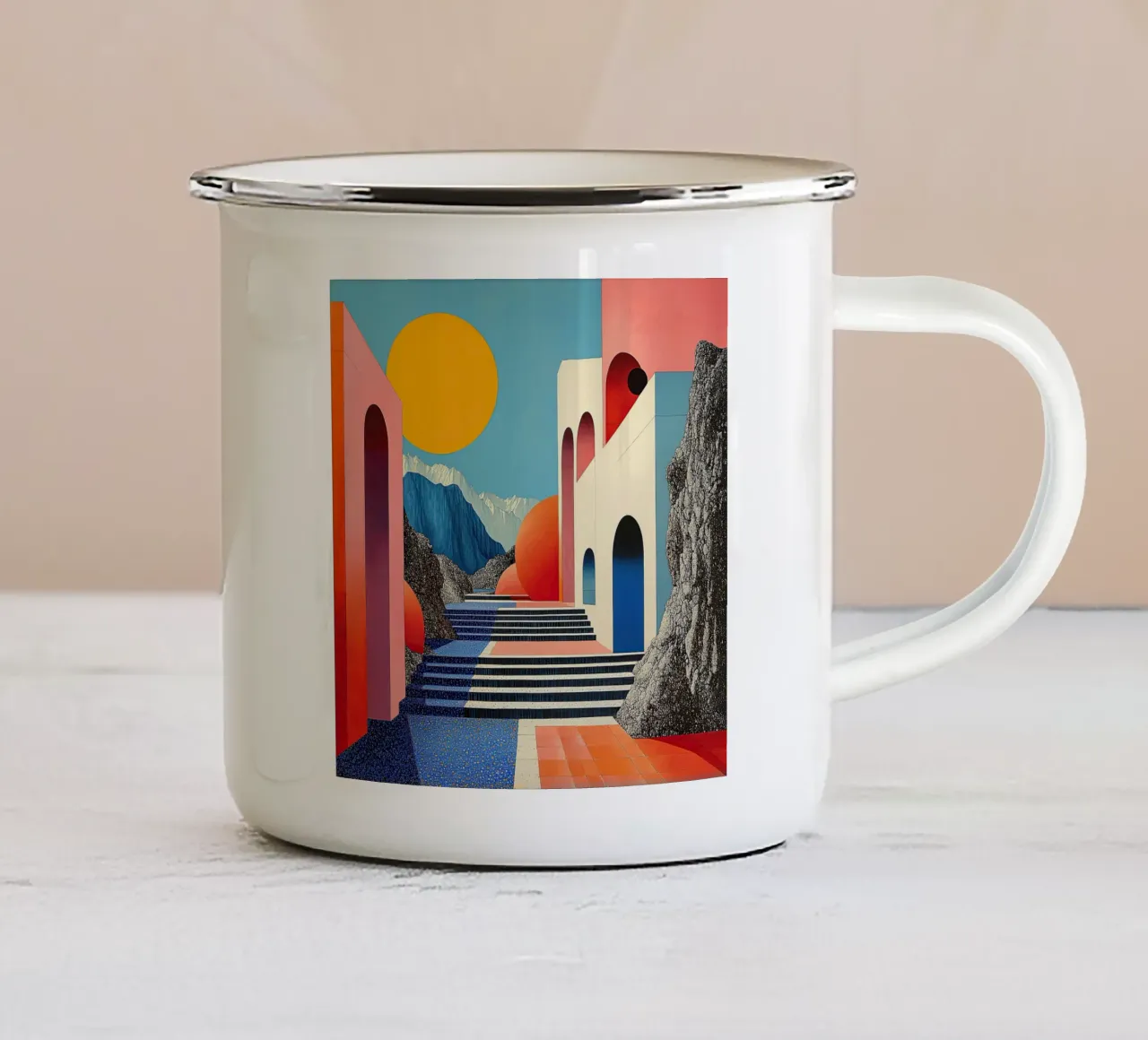 Surrealismus Architektur Design Geometrie Emaille Tasse von Nikis Art Studio