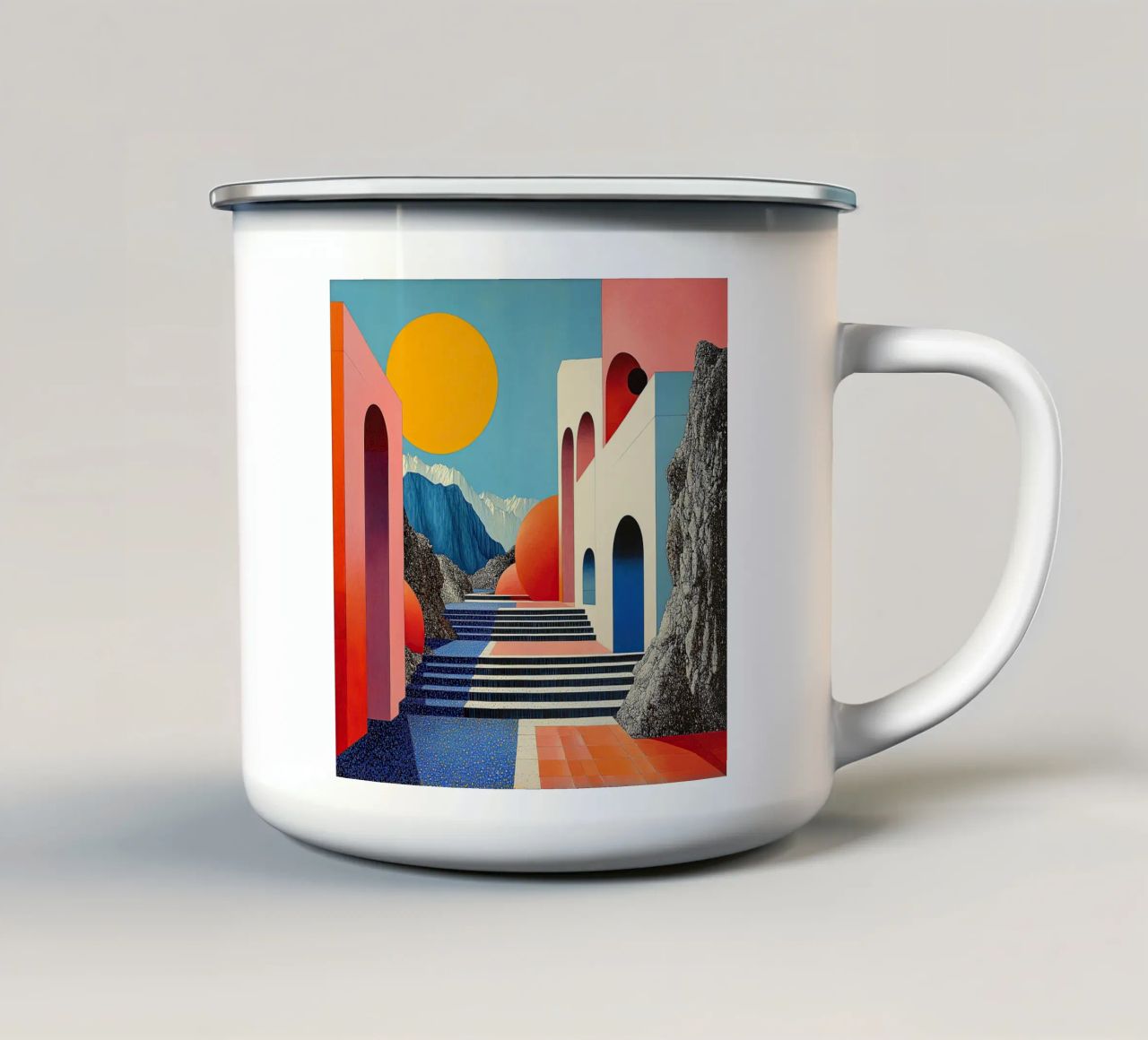 Surrealismus Architektur Design Geometrie Emaille Tasse von Nikis Art Studio