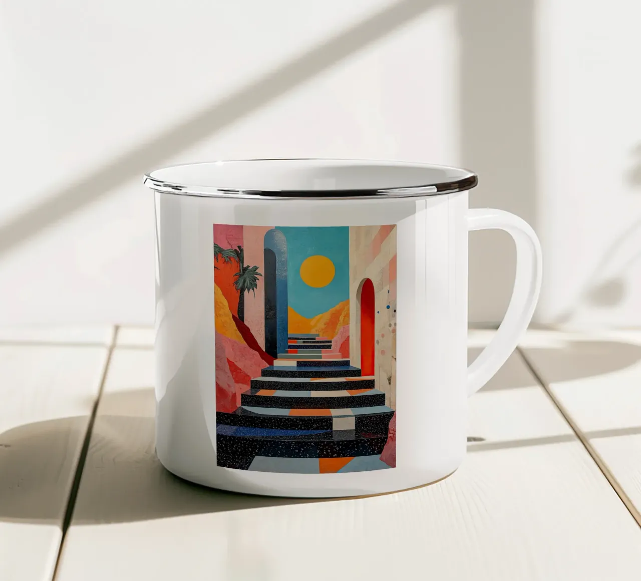 Surrealisme Architectuur Ontwerp Meetkunde emaille mok van Nikis Art Studio