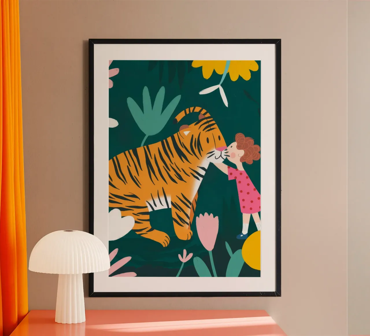 La tigre e la ragazza poster con telaio in legno da Emery Kate
