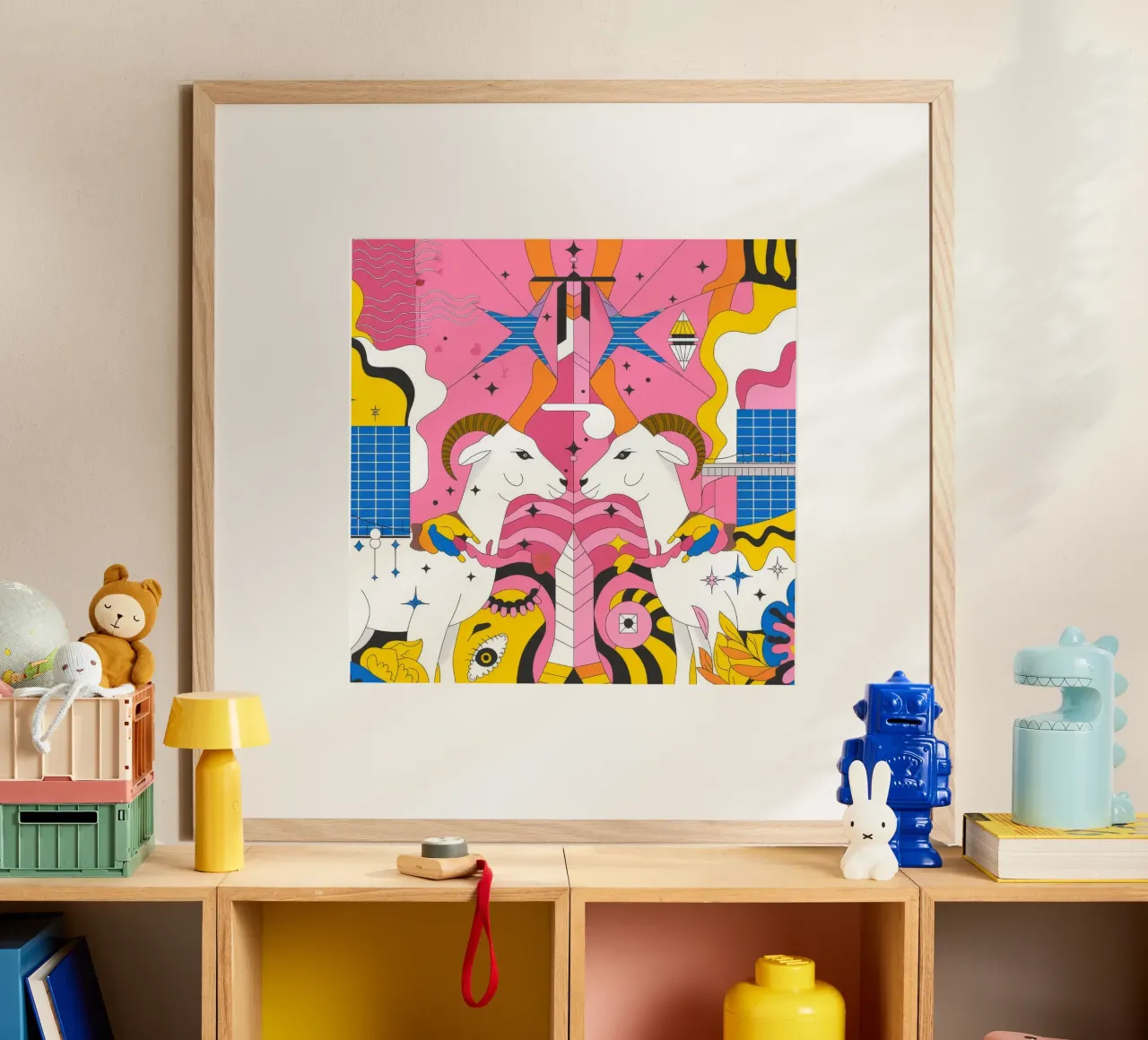 Fantasia di capre colorate poster con telaio in alluminio da Emery Kate