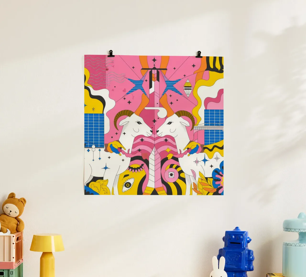 Fantasia di capre colorate poster con telaio in alluminio da Emery Kate