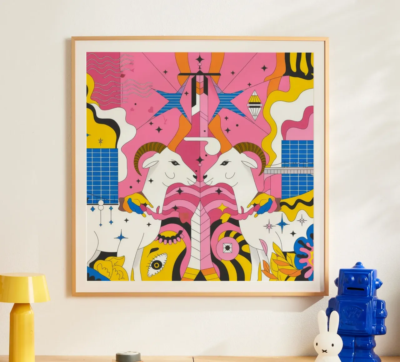 Fantasia di capre colorate poster con telaio in alluminio da Emery Kate