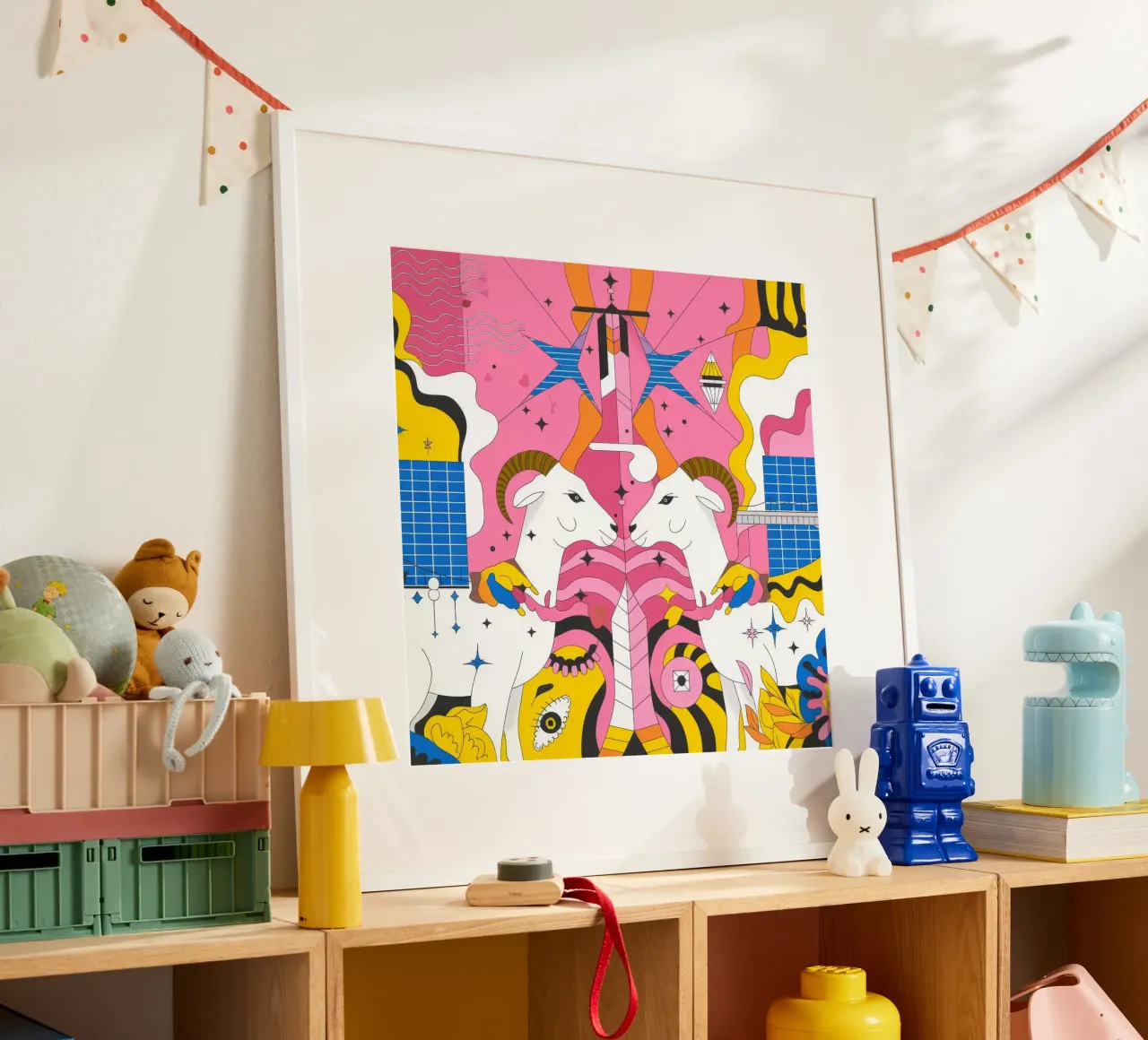 Fantasia di capre colorate poster con telaio in alluminio da Emery Kate