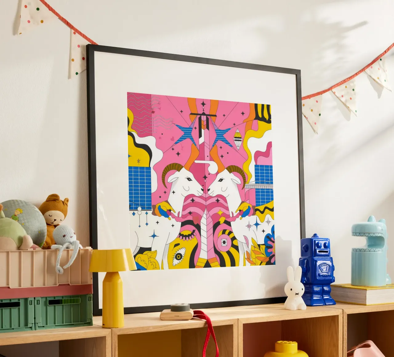 Fantasia di capre colorate poster con telaio in alluminio da Emery Kate
