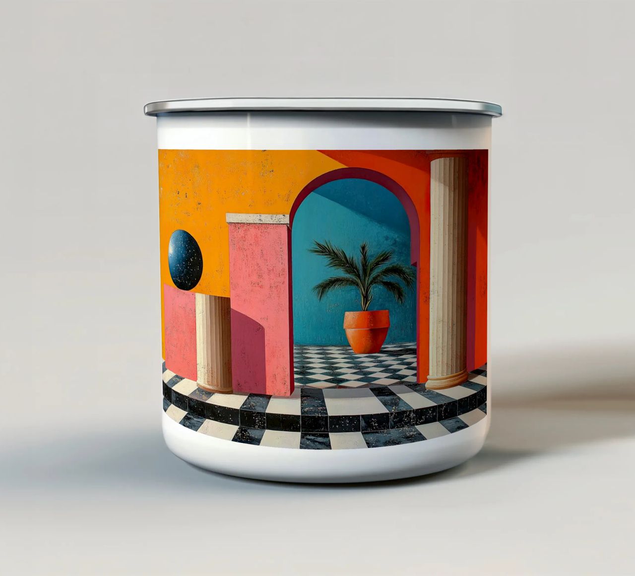 Surrealismus Architektur Design Geometrie Emaille Tasse von Nikis Art Studio