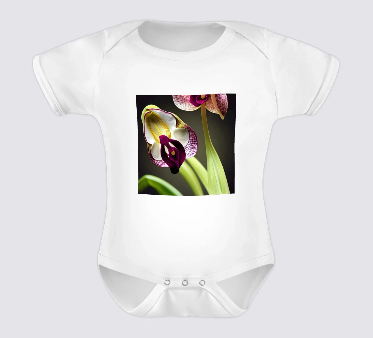 Macro fiore di orchidea Ladys Slipper body neonato maniche corte da Bold Blooms