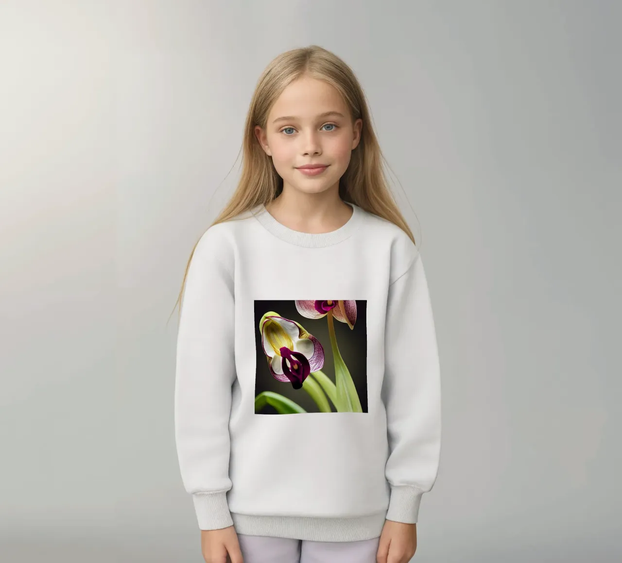 Makro Frauenschuh Orchidee Blume Kinder Sweatshirt von Bold Blooms