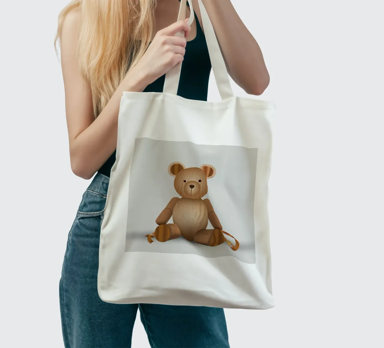 Aspetto in legno - Simpatica statuetta di un orso borsa in juta da namosh