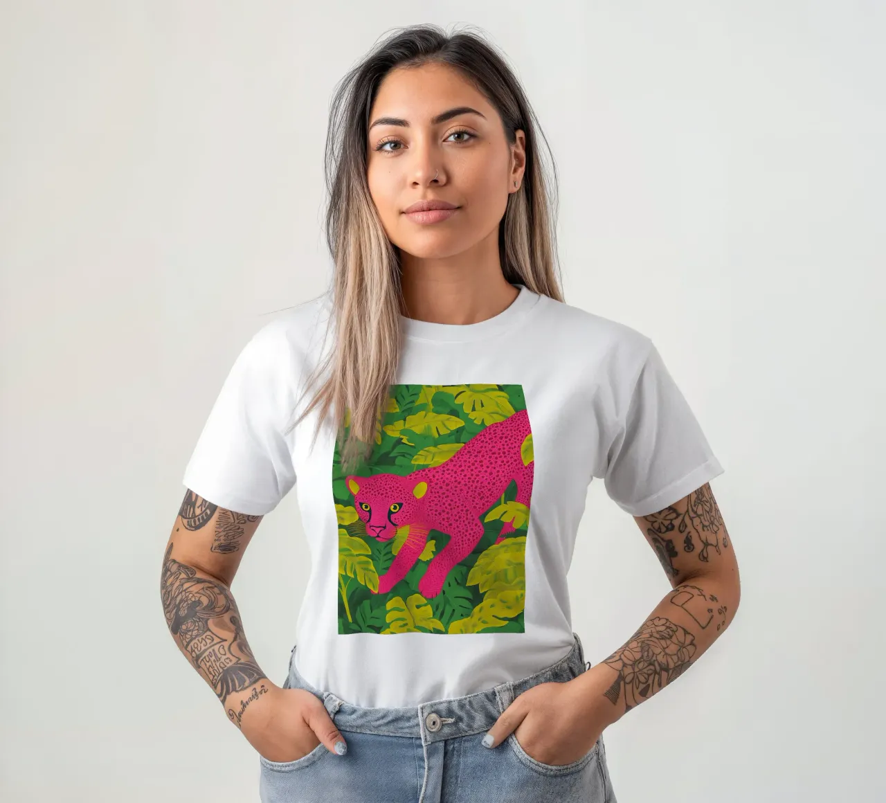 Ghepardo rosa in una foresta tropicale - Un elegante safari pop art t-shirt da Kaji