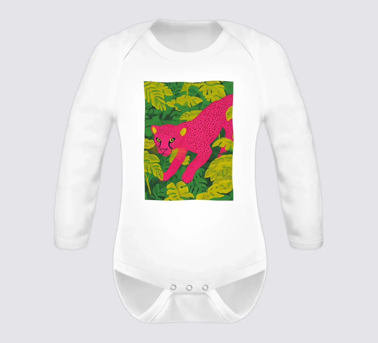 Ghepardo rosa in una foresta tropicale - Un elegante safari pop art body neonato maniche lunghe da Kaji