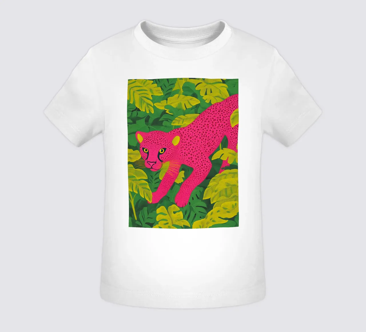 Ghepardo rosa in una foresta tropicale - Un elegante safari pop art maglietta neonato da Kaji