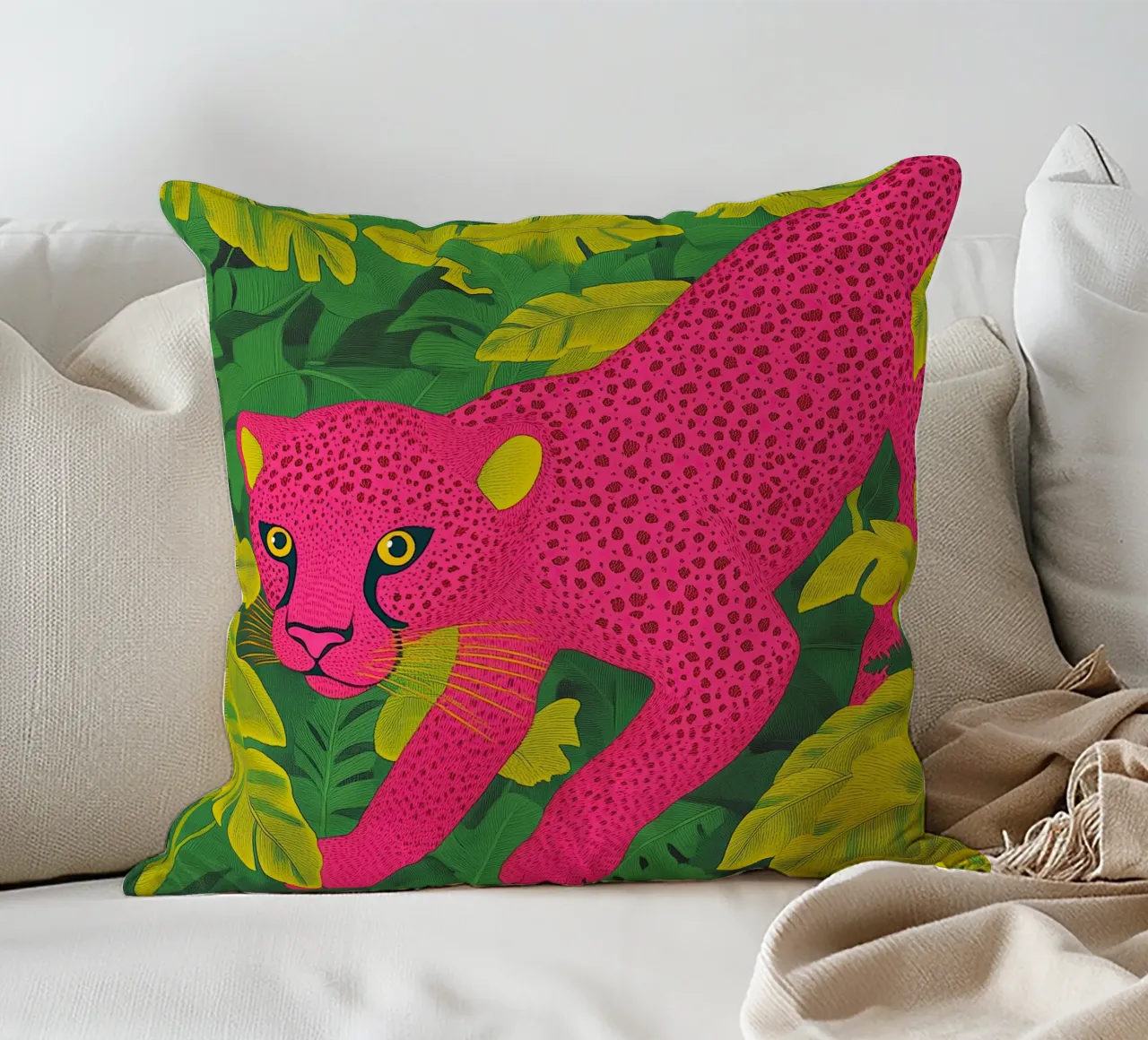 Ghepardo rosa in una foresta tropicale - Un elegante safari pop art cuscino da Kaji