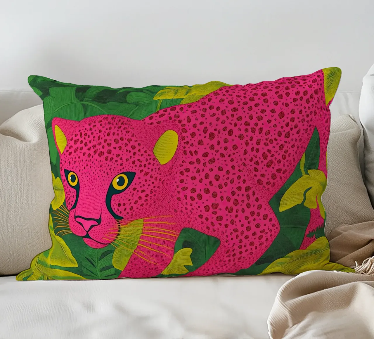 Ghepardo rosa in una foresta tropicale - Un elegante safari pop art cuscino da Kaji