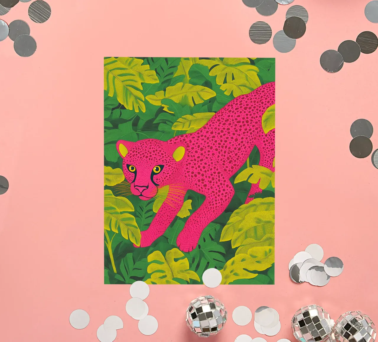 Guépard rose dans une forêt tropicale - Un safari Pop Art stylé autocollant de Kaji