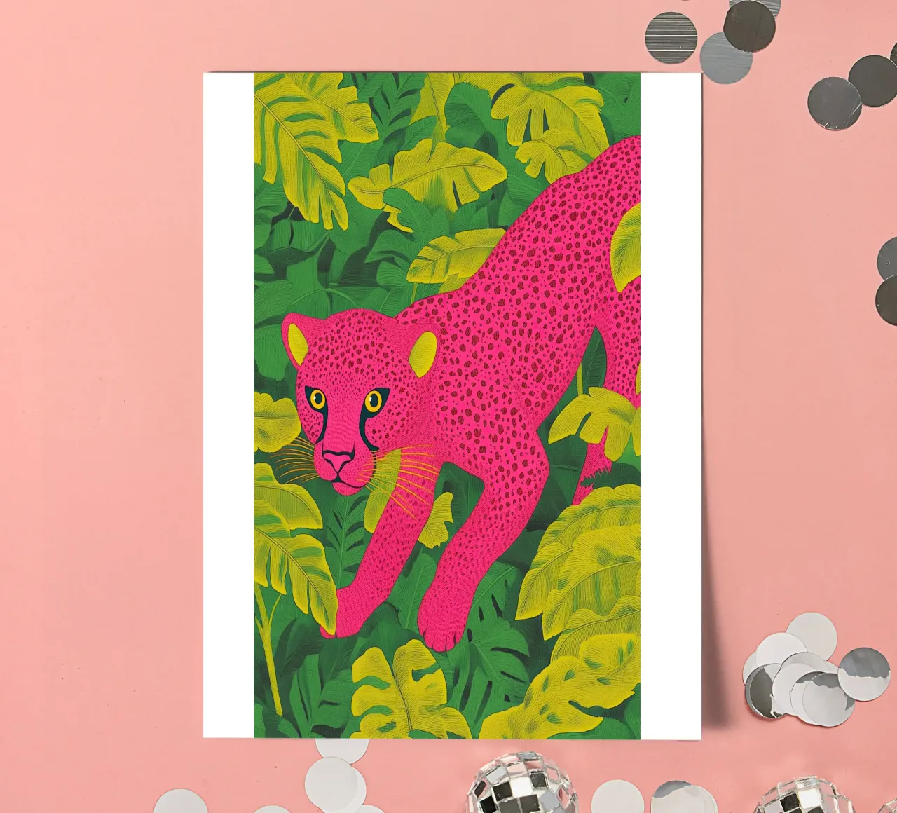 Ghepardo rosa in una foresta tropicale - Un elegante safari pop art foglio adesivo da Kaji